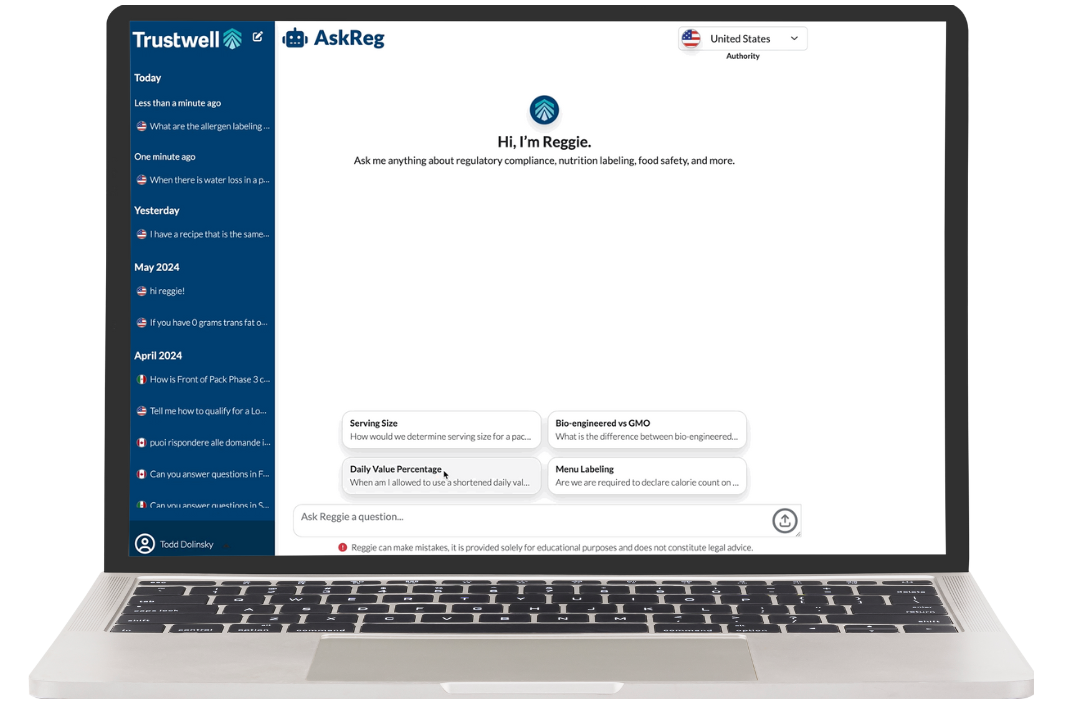Trustwell's AskReg interface on a laptop, showing recent queries and options.