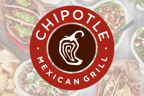Chipotle Logo with Tacos, Bowls, and Chips in the background
