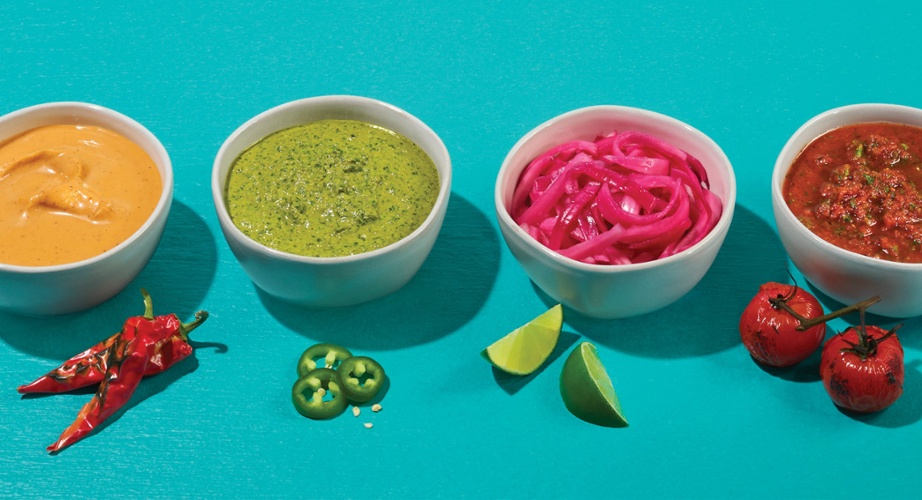 QDOBA Sauces, Salsas, and Pickled Onions in Bowls
